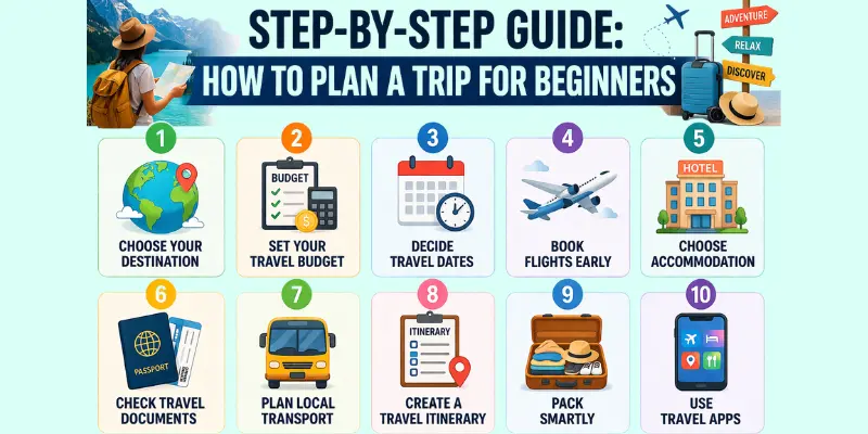 How to plan a trip for beginners infographic with 10 easy travel planning steps
